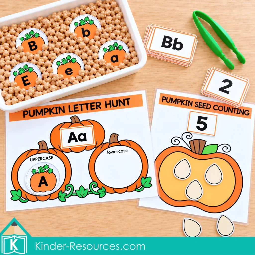 Pumpkin sensory bins for preschool featuring uppercase and lowercase letter matching and pumpkin seed counting activities with printable mats and cards.