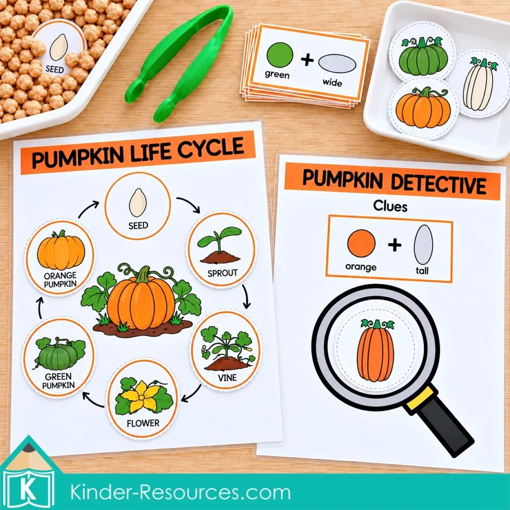 Pumpkin sensory bins for preschool featuring a pumpkin life cycle science activity and Pumpkin Detective color and shape clues activity.