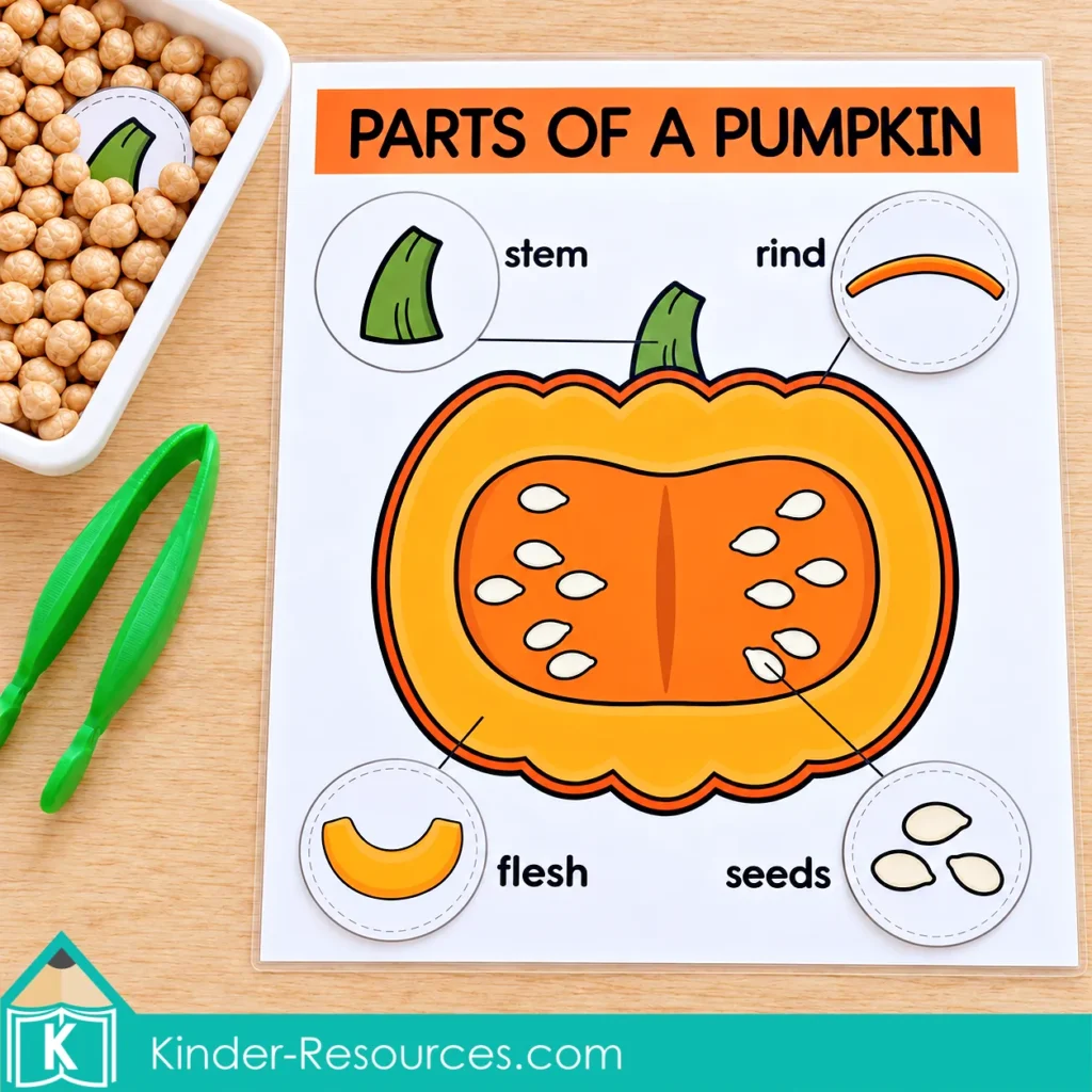 Preschool pumpkin science sensory bin activity identifying and matching the stem, rind, flesh, and seeds on a parts of a pumpkin mat.