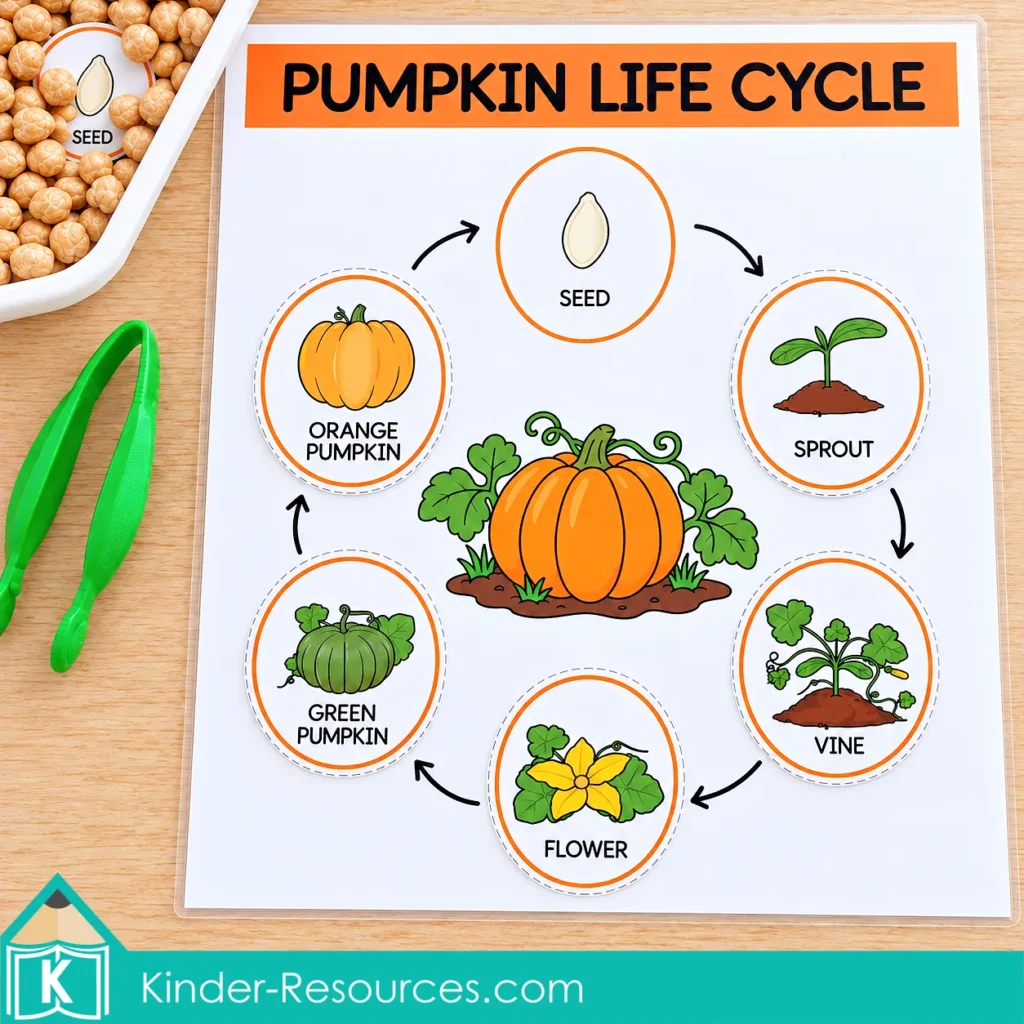 Pumpkin life cycle sensory bin for preschool showing the stages seed, sprout, vine, flower, green pumpkin, and orange pumpkin.