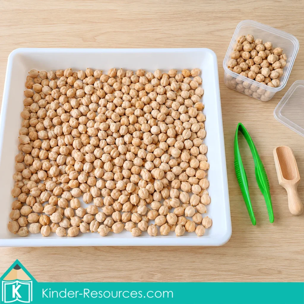 Shallow white tray of dried chickpeas with green tweezers, a wooden scoop, and extra filler for preschool pumpkin sensory bin activities.