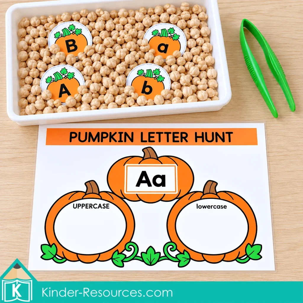 Pumpkin Letter Hunt mat with an Aa card and empty matching spaces beside a chickpea bin with partly hidden A, a, B, and b pumpkin pieces.