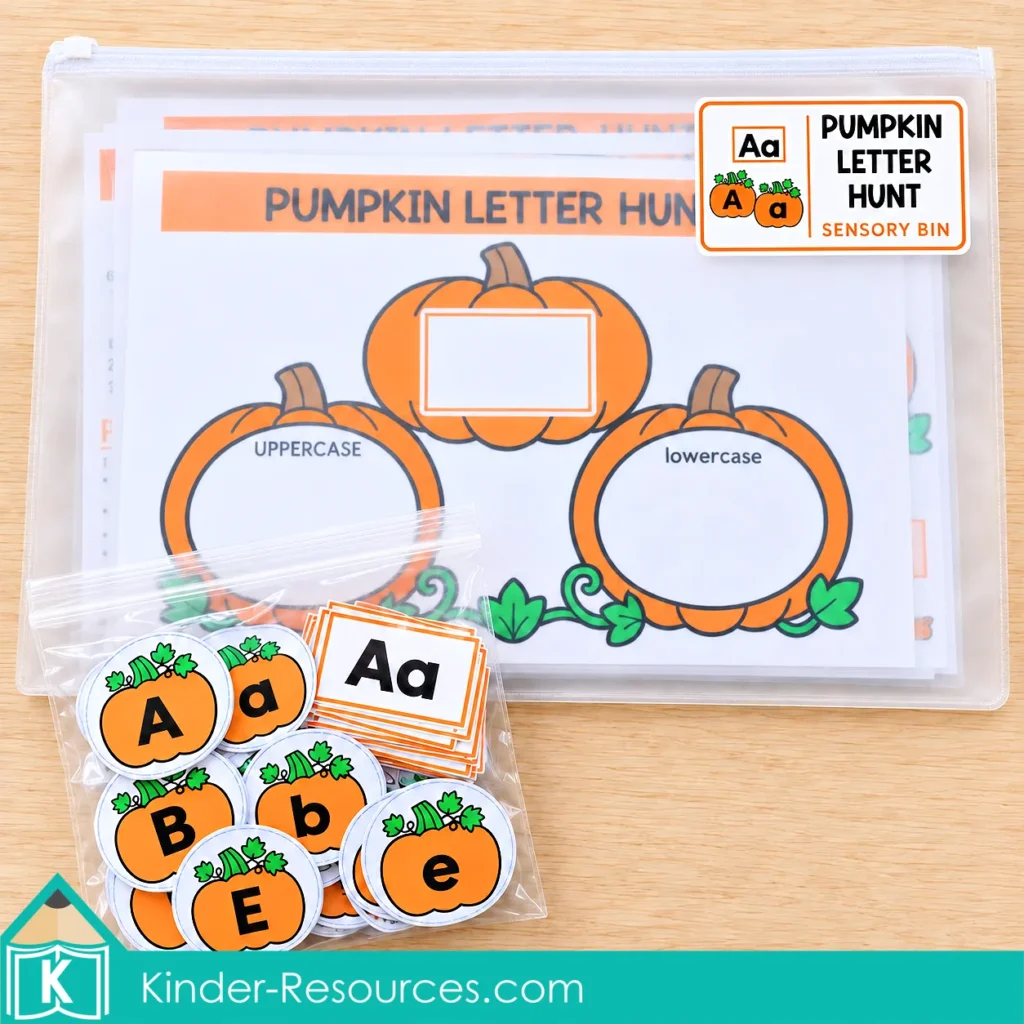 Pumpkin Letter Hunt mat and directions in a labeled document wallet, with uppercase and lowercase pumpkin pieces and letter-pair cards in a clear bag.