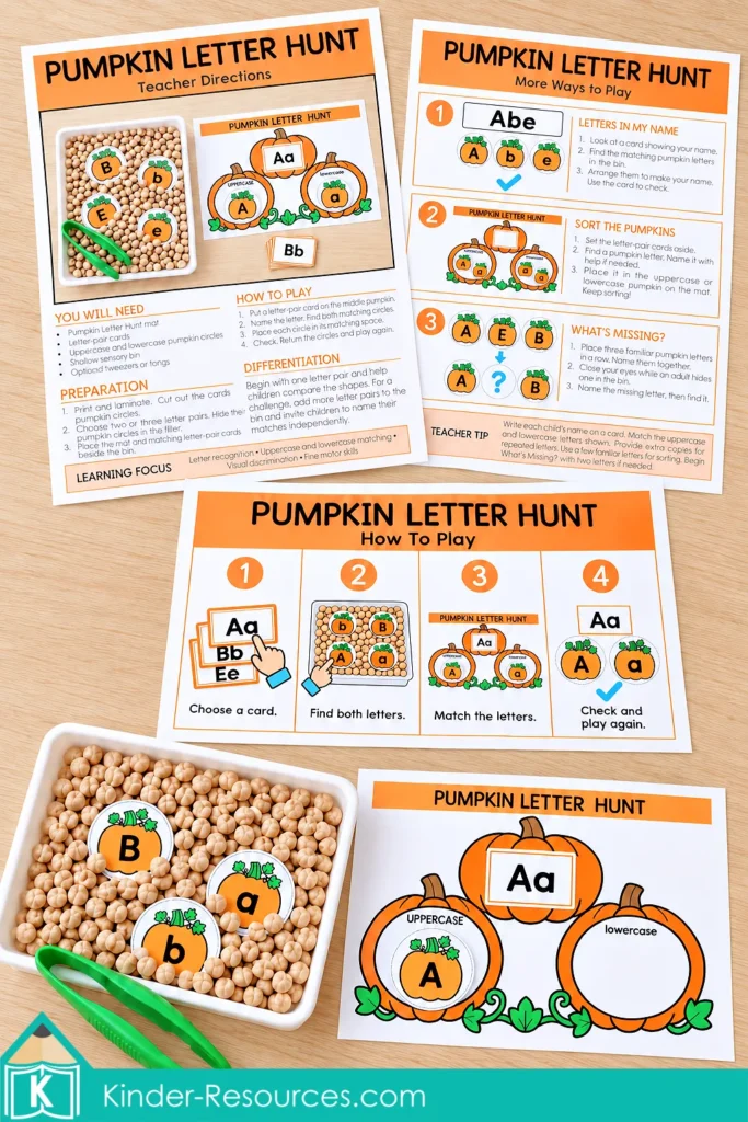 Pumpkin Letter Hunt teacher directions, illustrated play steps, and extension cards beside a preschool letter-matching mat and chickpea sensory bin.