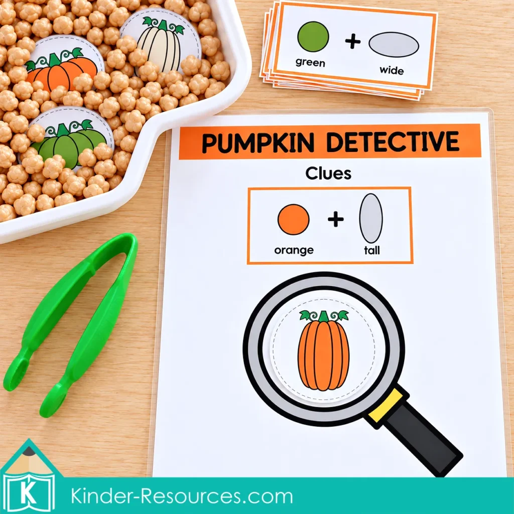 Pumpkin sensory bin for preschool with a Pumpkin Detective color and shape clues activity, pumpkin cards, chickpea filler, and fine motor tweezers.