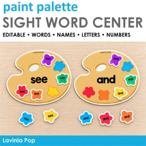 Paint palette sight word center cover showing “see” and “and” word matching, with editable options for names, letters, and numbers.