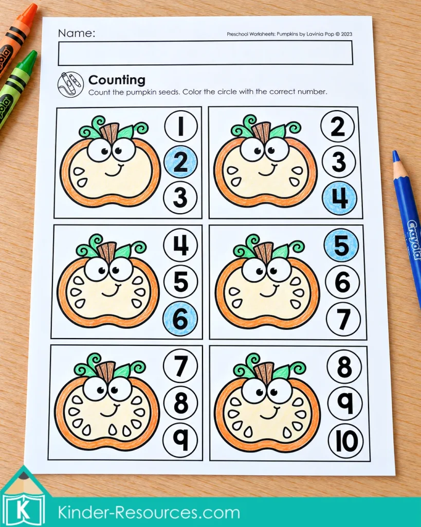 Pumpkin worksheets for preschool with seeds to count and numeral choices for matching numbers to quantities.