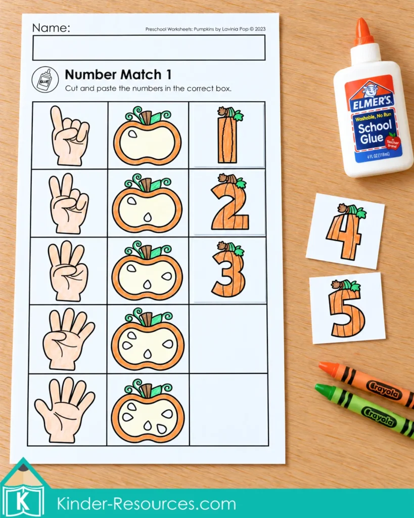 Pumpkin worksheets for preschool with finger patterns, seed quantities, and numeral cutouts for matching 1 to 5.