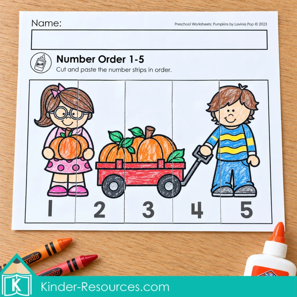 Pumpkin worksheets for preschool with numbered picture strips arranged from 1 to 5 to complete a pumpkin wagon puzzle.