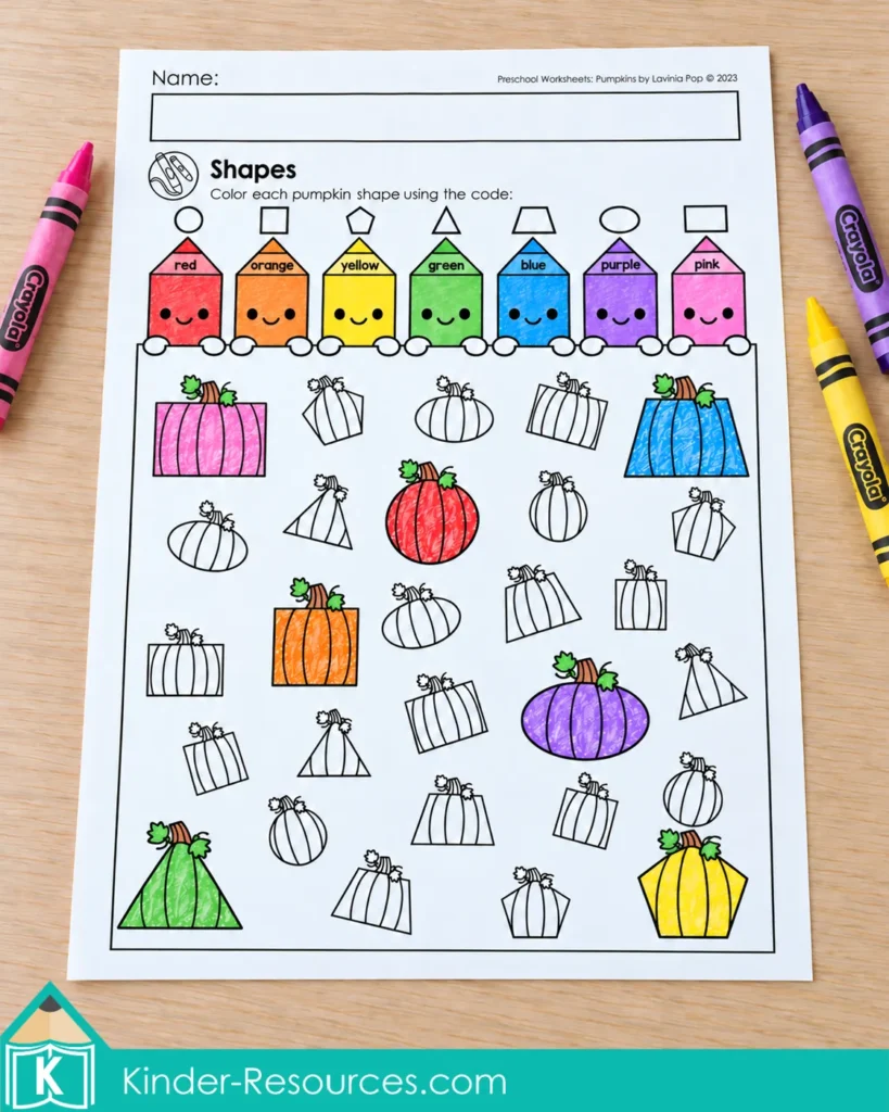 Pumpkin worksheets for preschool with seven pumpkin shapes and a color key for shape recognition practice.