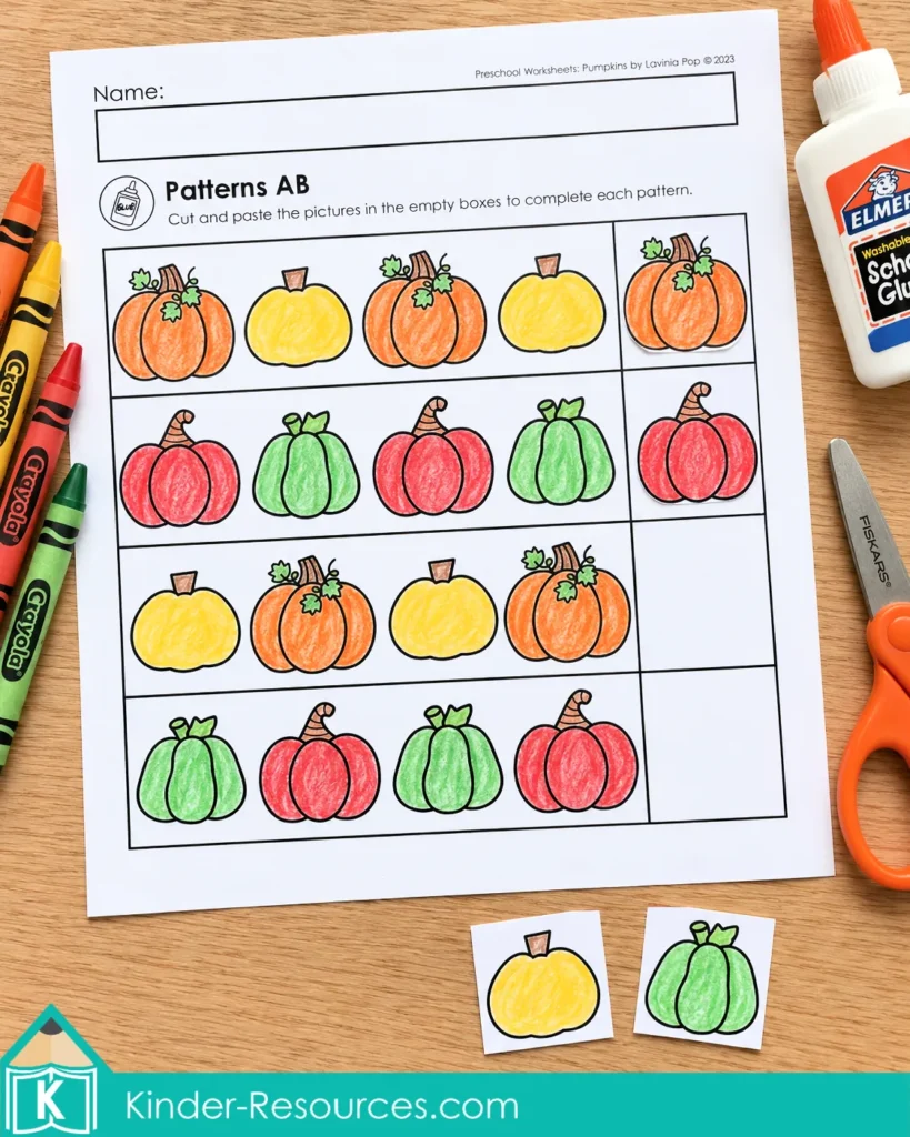 Pumpkin worksheets for preschool with repeating pumpkin patterns and picture cutouts for completing AB sequences.