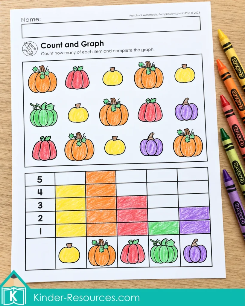 Pumpkin worksheets for preschool with colored pumpkin groups and matching graph bars for counting and comparing.