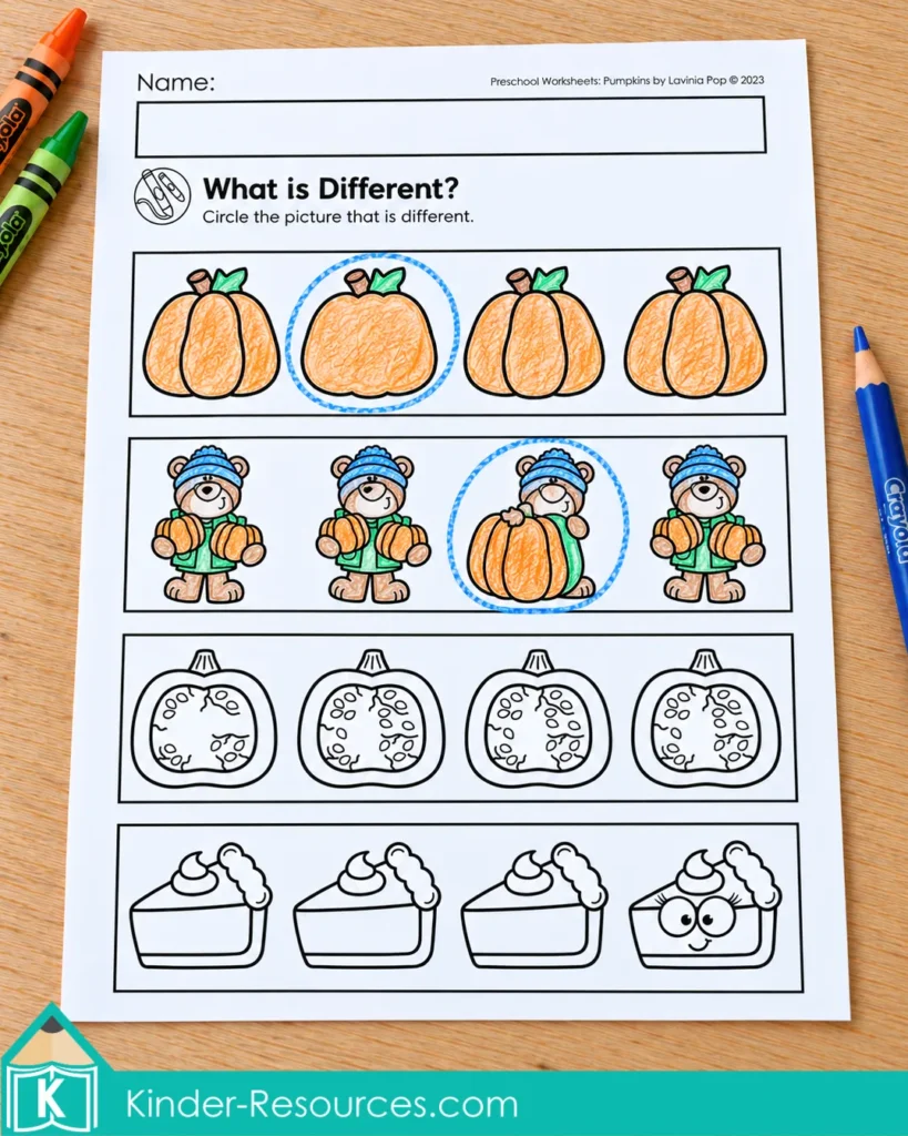 Pumpkin worksheets for preschool with rows of similar fall pictures and circled differences for visual discrimination.