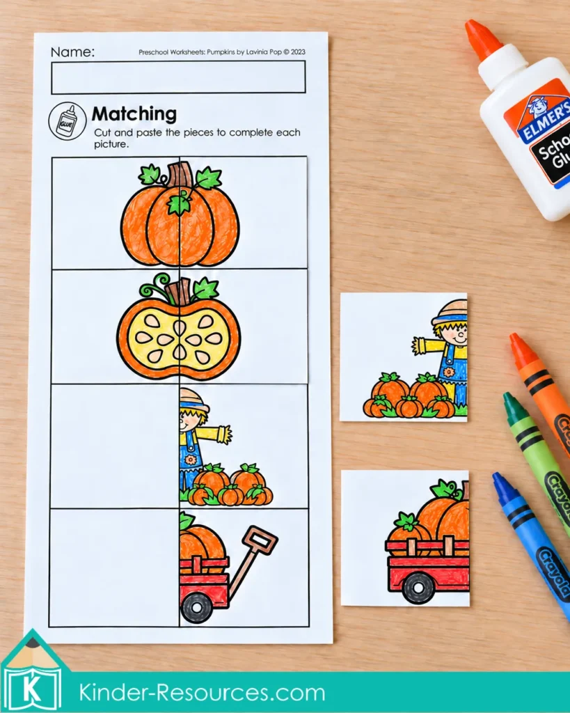 Pumpkin worksheets for preschool with pumpkin, scarecrow, and wagon picture halves for visual matching and pasting.