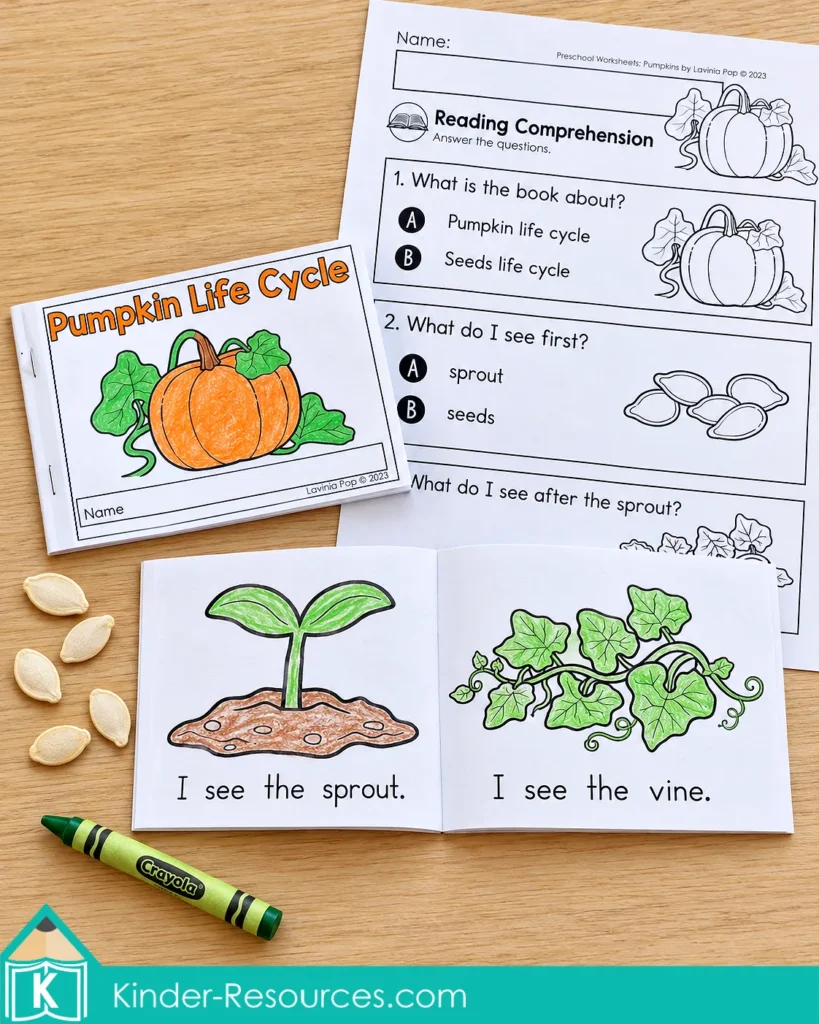 Pumpkin worksheets for preschool with a life cycle reader, sprout and vine pages, and comprehension questions.