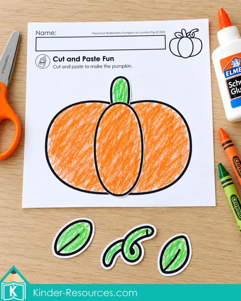 Pumpkin worksheets for preschool with pumpkin pieces to cut, arrange, and paste for scissor skills and picture assembly.