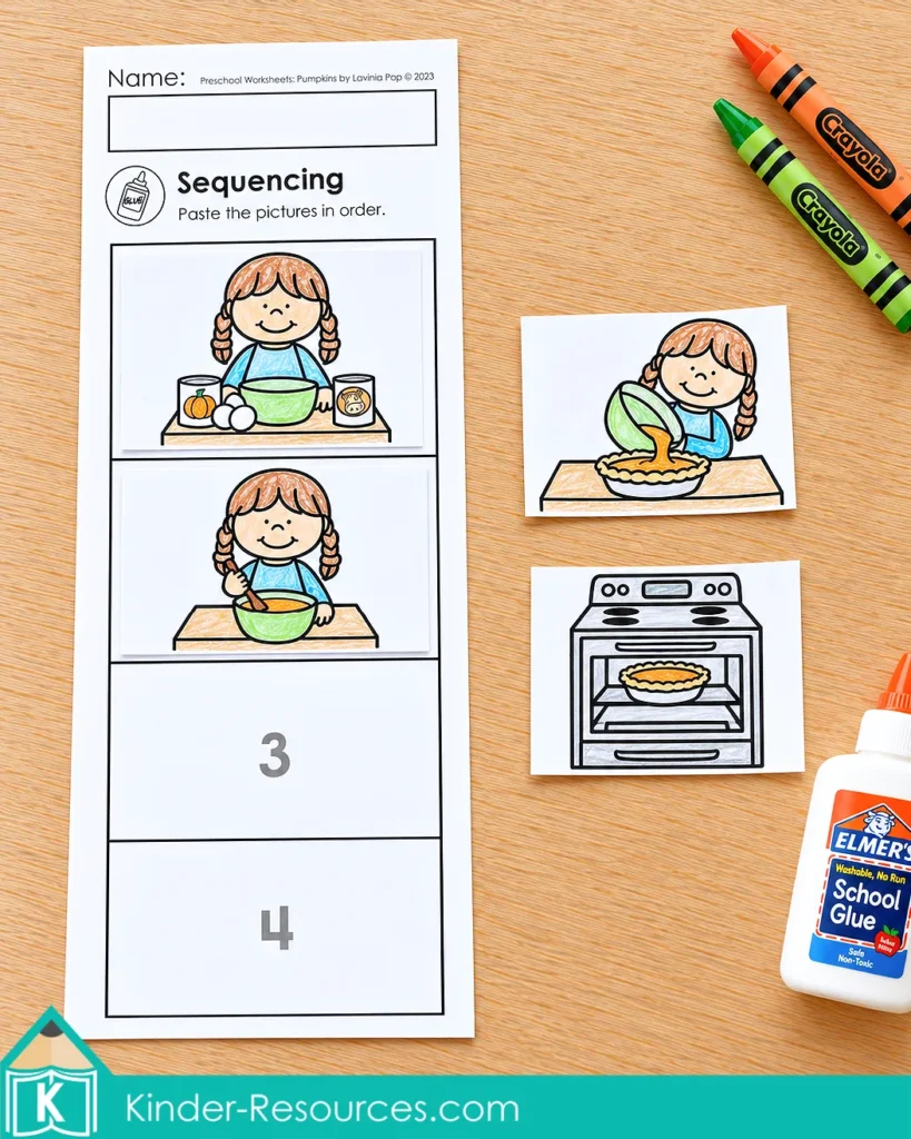 Pumpkin worksheets for preschool with picture cards to sequence gathering ingredients, mixing, filling, and baking a pie.