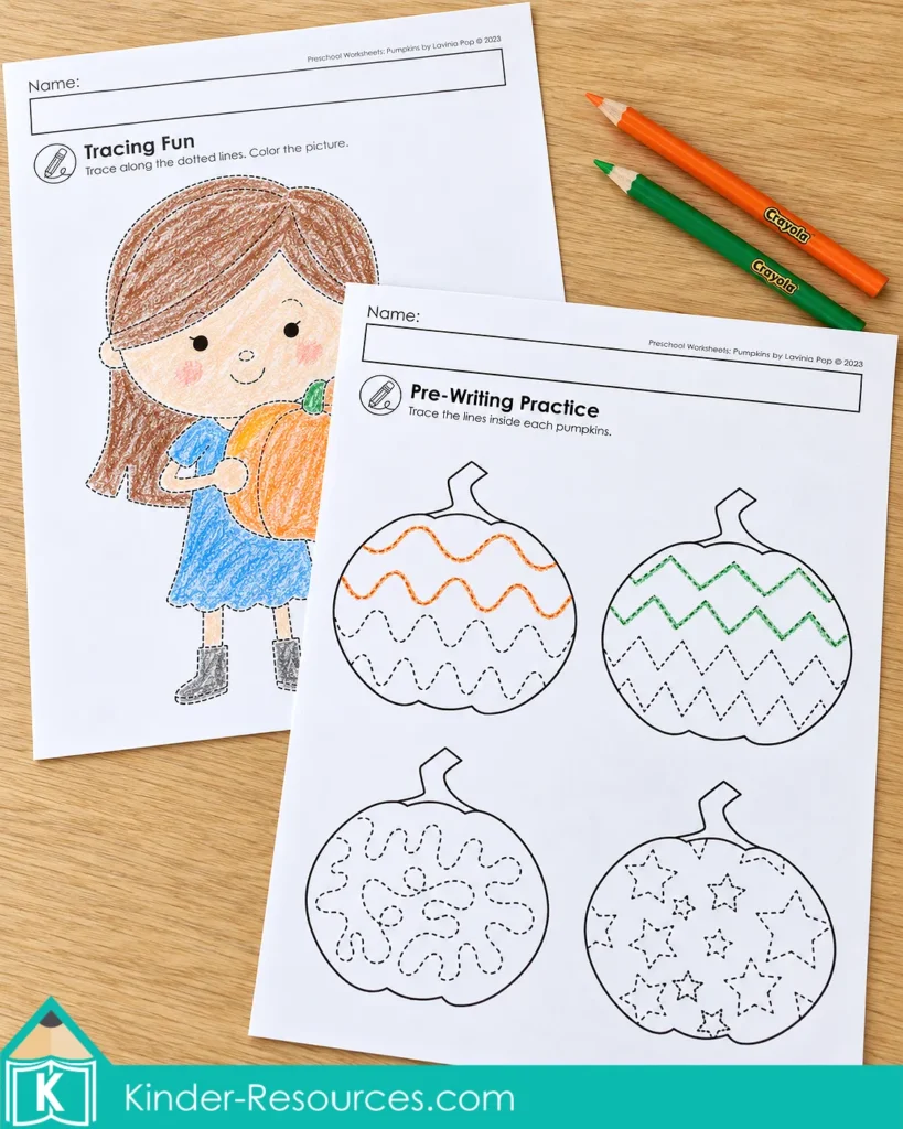 Pumpkin worksheets for preschool with patterned lines and picture outlines to trace for pencil control.