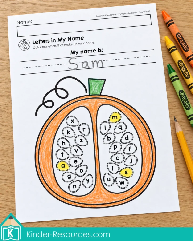 Pumpkin worksheets for preschool with the name Sam and matching seed letters colored for name recognition.