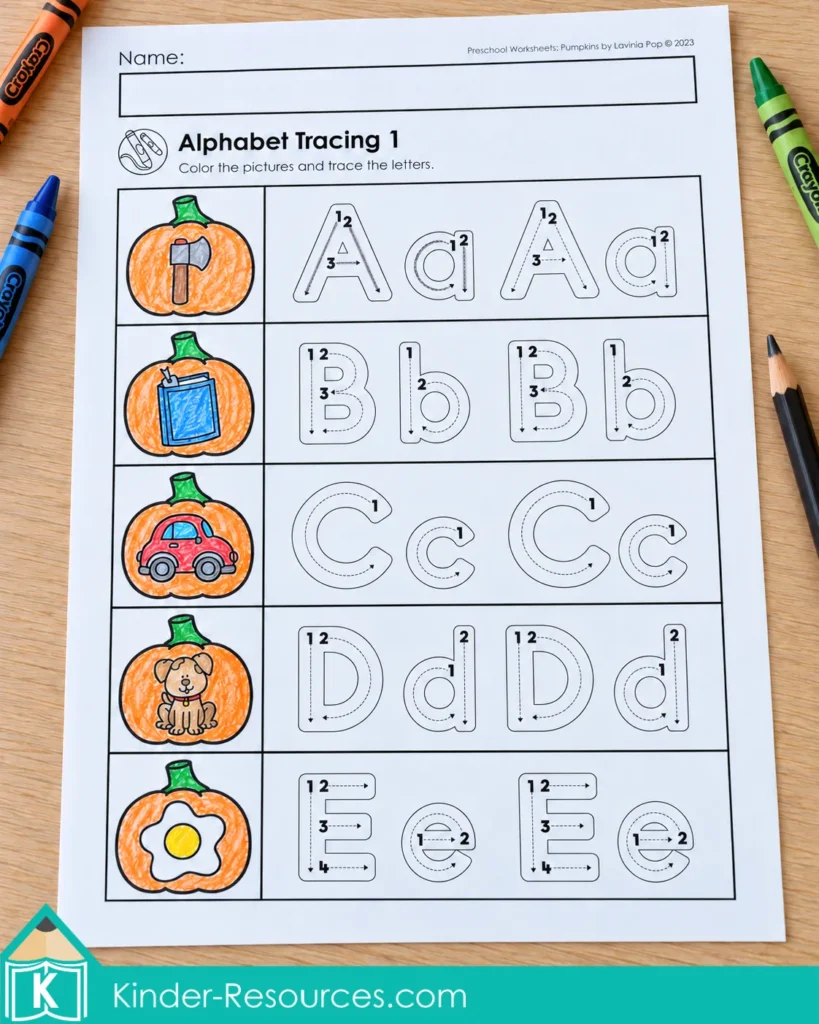 Pumpkin worksheets for preschool with uppercase and lowercase A to E tracing guides for letter formation.