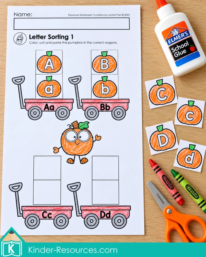 Pumpkin worksheets for preschool with letter pumpkin cutouts matched to uppercase and lowercase letter pairs.