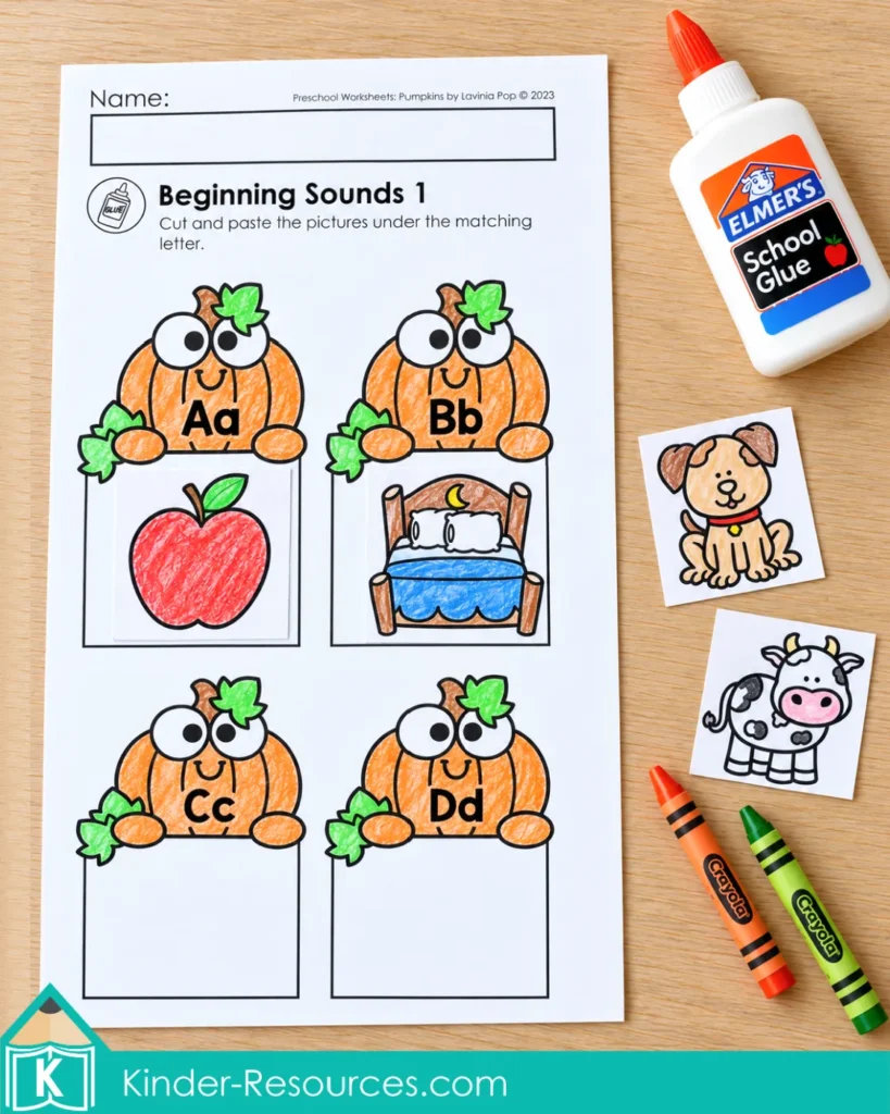 Pumpkin worksheets for preschool with apple, bed, cow, and dog pictures to match to beginning letters.