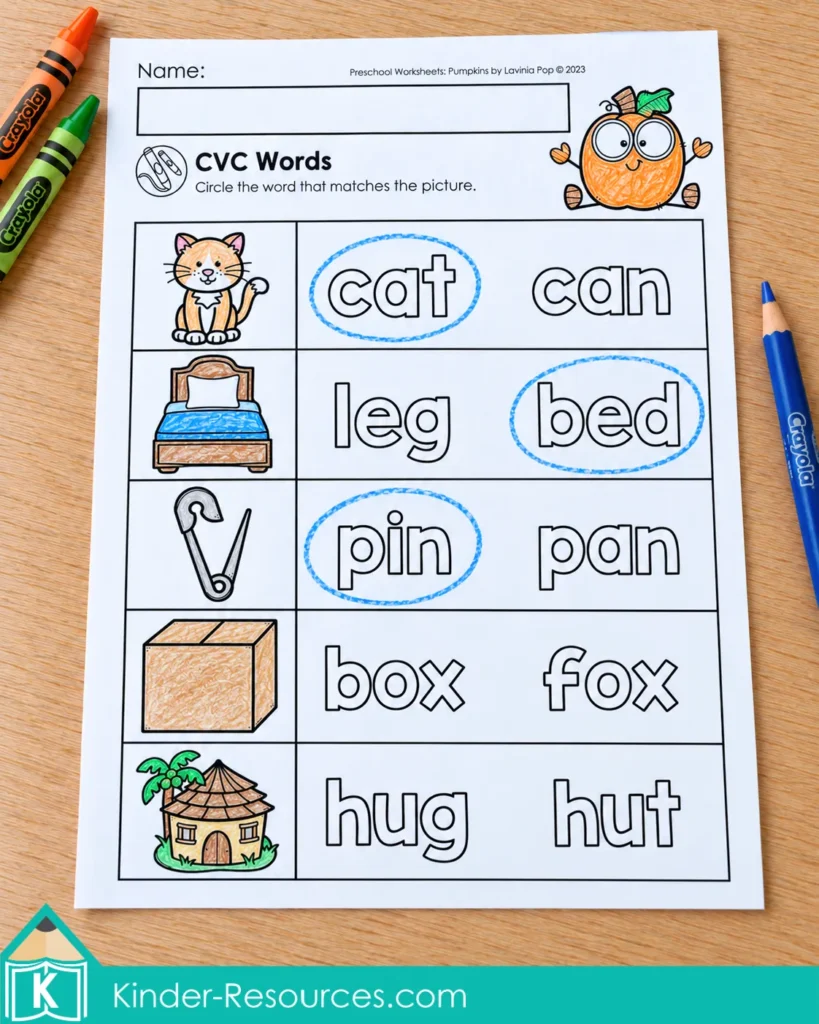 Pumpkin worksheets for preschool with CVC word pairs and picture clues for reading and circling matching words.