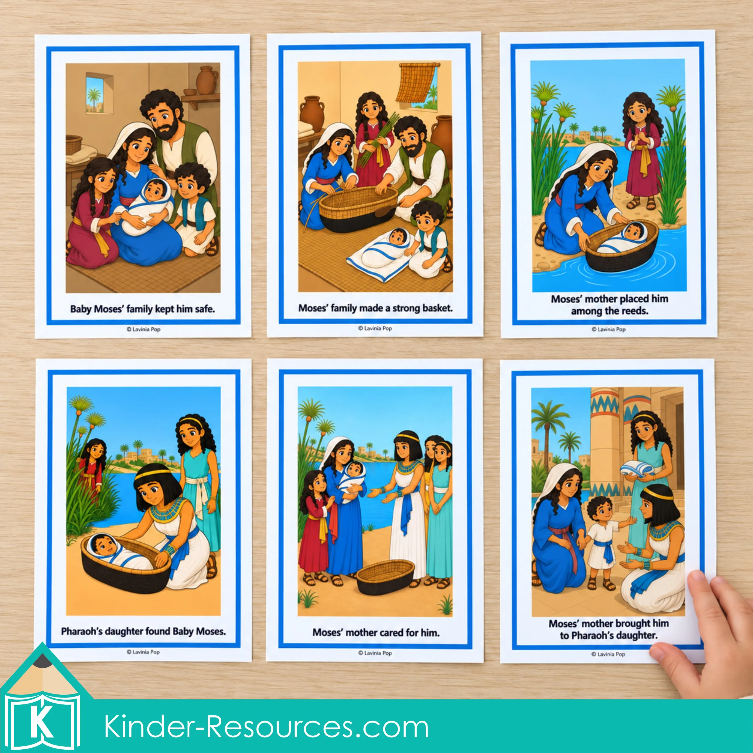 Six Baby Moses sequencing cards for retelling the story from his birth to Pharaoh’s daughter.