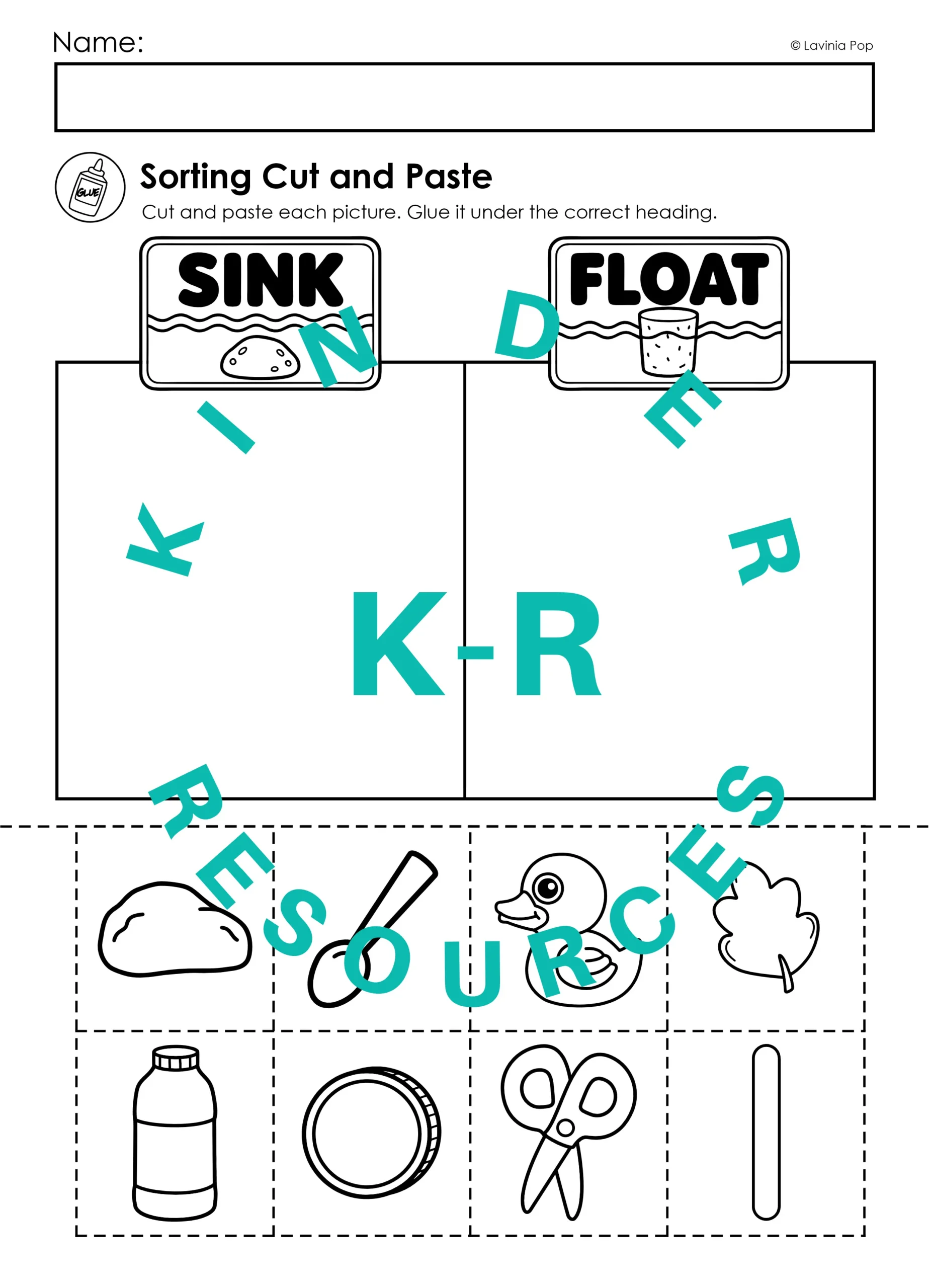 Cut and paste sink or float sorting worksheet for preschool science practice.