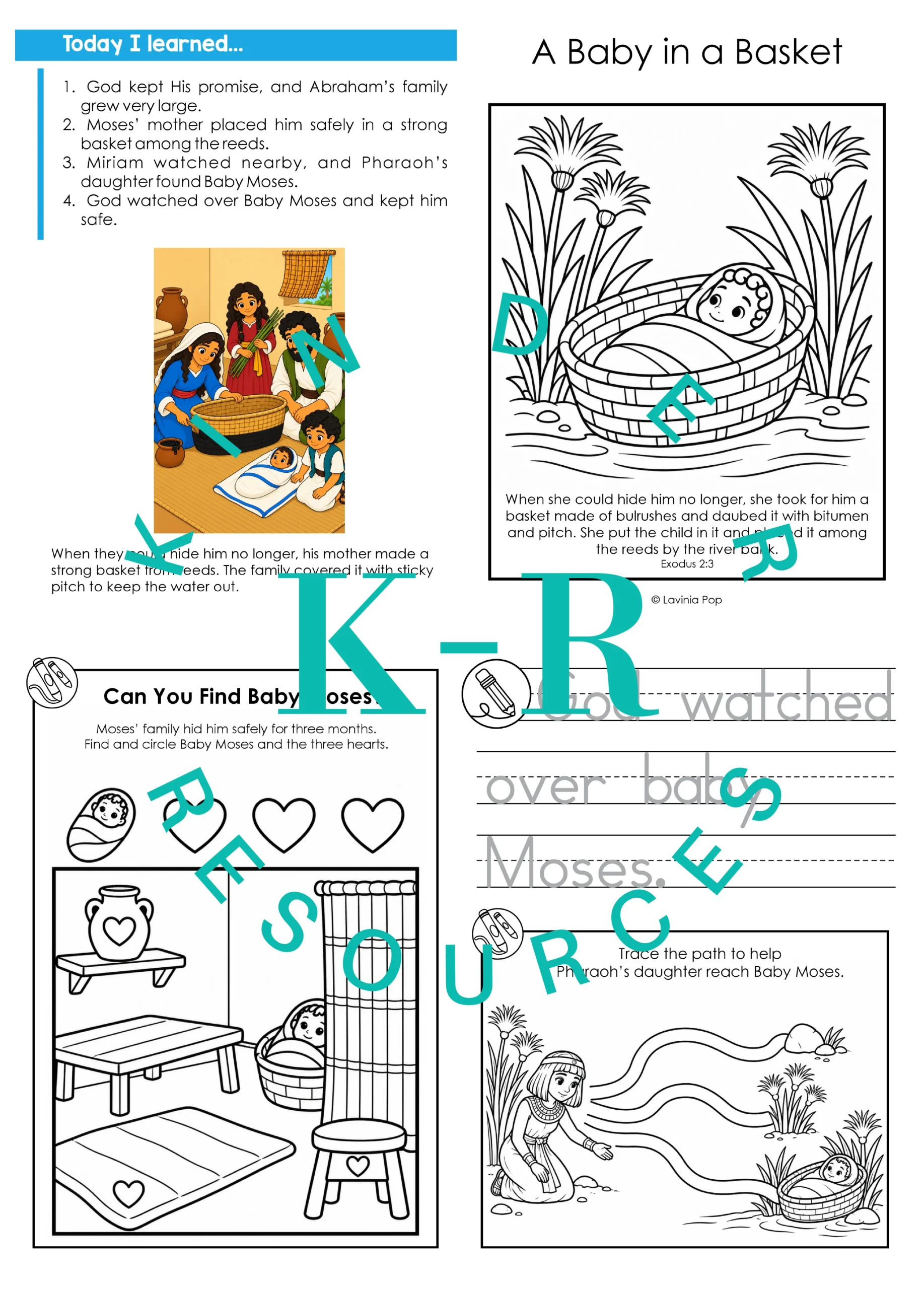 Baby Moses printable booklet with story review, tracing and simple preschool activities.