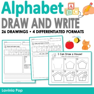 Alphabet directed drawing and writing packet for kindergarten and first grade, featuring 26 drawings in four formats with pig, mouse, and house examples.
