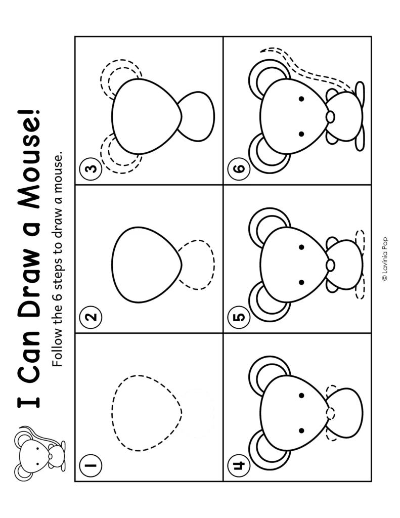 Mouse guide from the Alphabet Directed Drawing and Writing packet for kindergarten and first grade, with six numbered steps and dashed lines showing new details.