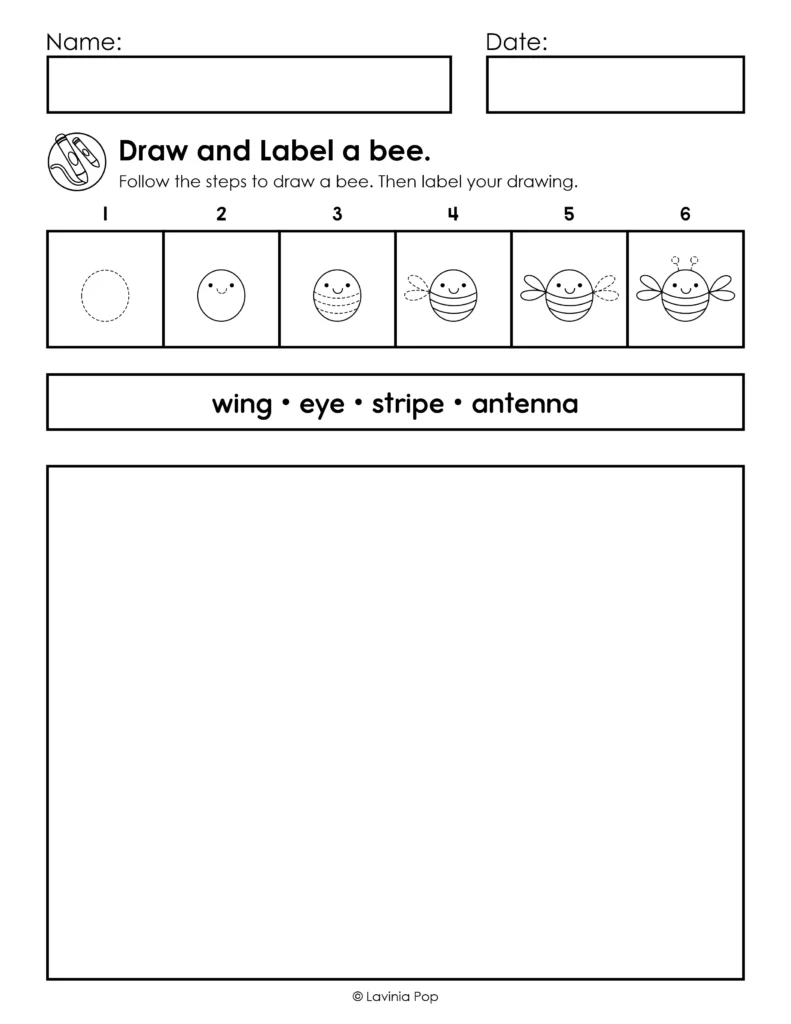 Bee worksheet from the Alphabet Directed Drawing and Writing packet for kindergarten and first grade, with six drawing steps and wing, eye, stripe, and antenna labels.