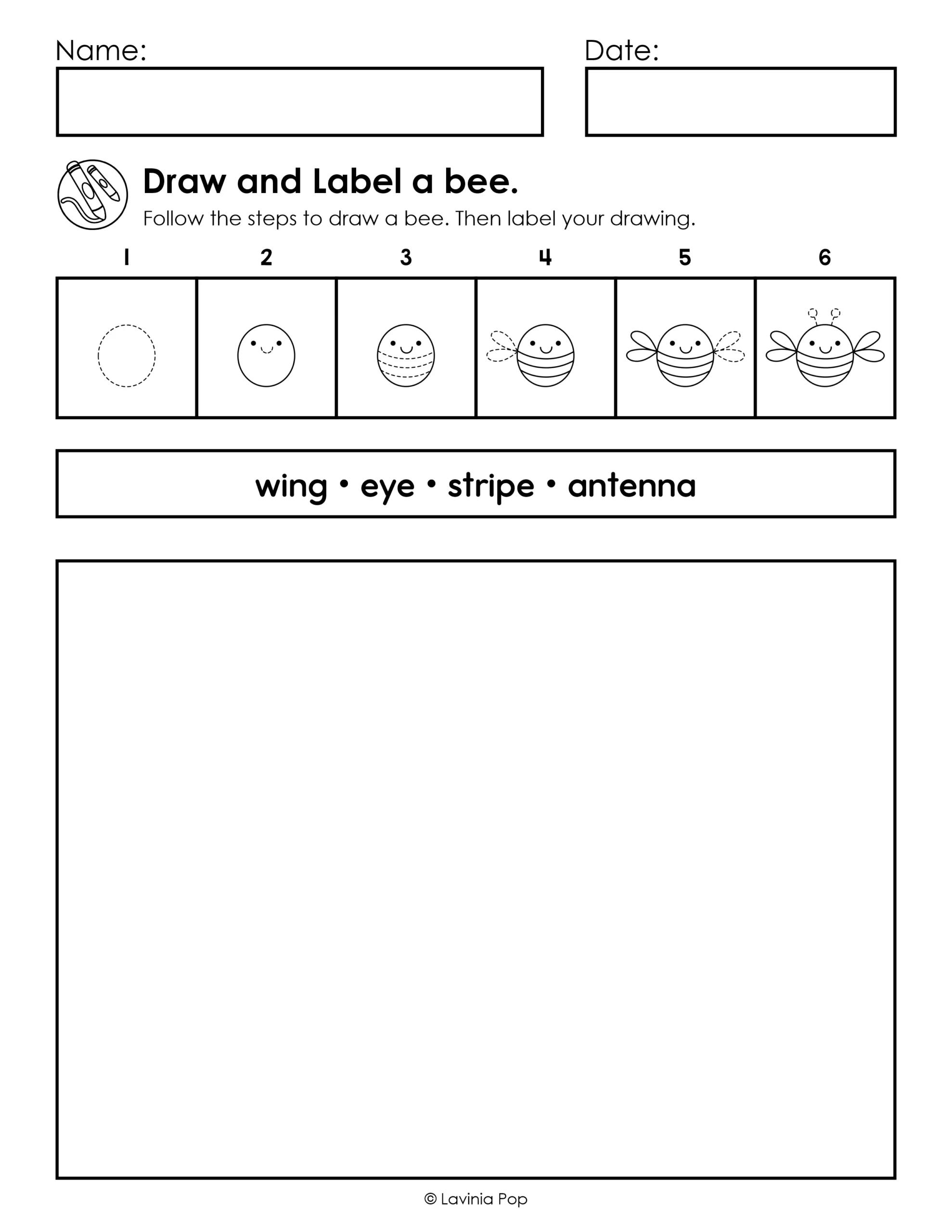 Bee worksheet from the Alphabet Directed Drawing and Writing packet for kindergarten and first grade, with six drawing steps and wing, eye, stripe, and antenna labels.
