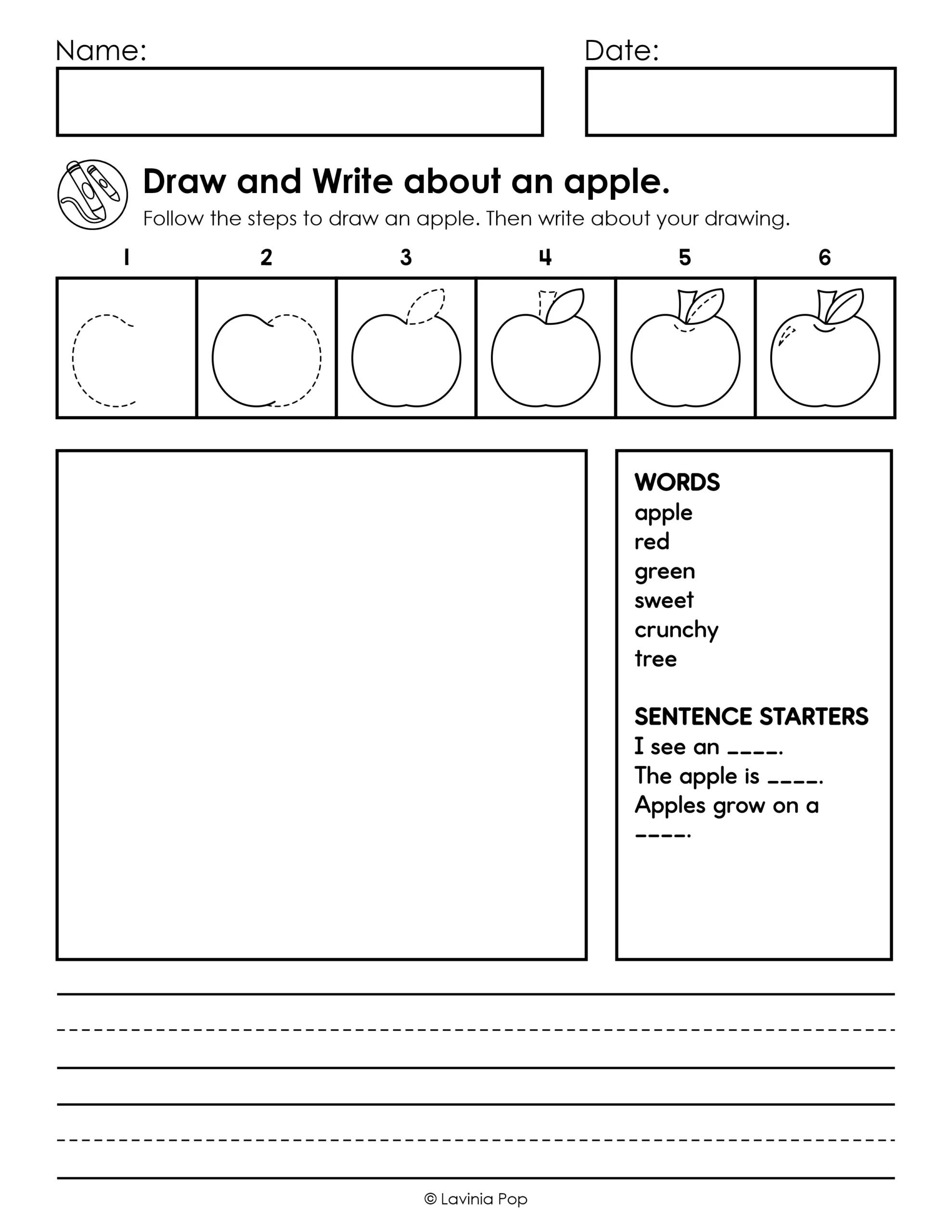 Apple worksheet from the Alphabet Directed Drawing and Writing packet for kindergarten and first grade, with drawing steps, a word bank, sentence starters, and writing lines.
