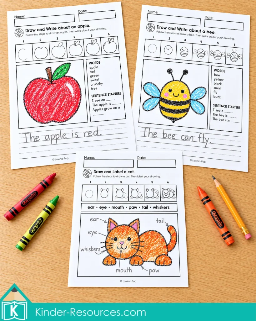 Alphabet directed drawing and writing activities for kindergarten and first grade, with completed apple and bee writing pages beside a cat labeling worksheet.