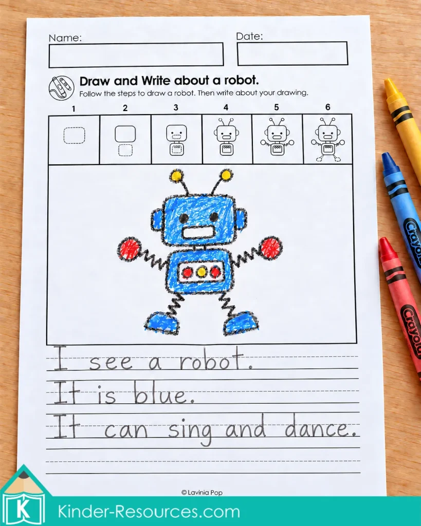 Alphabet directed drawing and writing worksheet for kindergarten and first grade, featuring six drawing steps, a blue crayon robot, and three handwritten sentences.