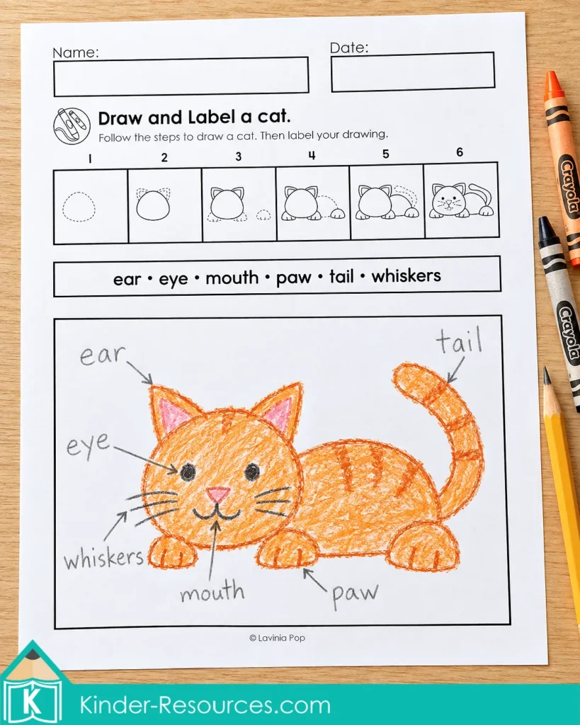 Alphabet directed drawing and writing for kindergarten and first grade, showing an orange crayon cat with handwritten ear, eye, mouth, paw, tail, and whiskers labels.
