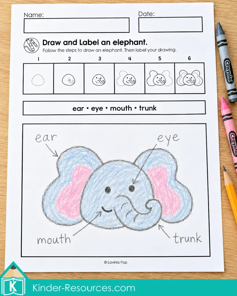 Alphabet directed drawing and writing worksheet for kindergarten and first grade, showing a colored elephant head with handwritten ear, eye, mouth, and trunk labels.