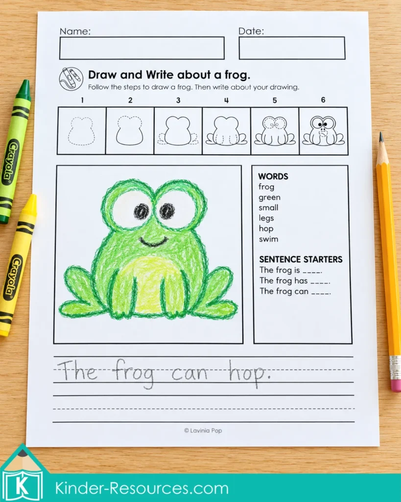 Alphabet directed drawing and writing worksheet for kindergarten and first grade, with a green frog, word bank, sentence starters, and the sentence “The frog can hop.”