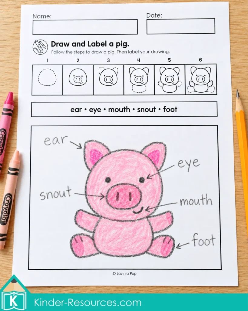 Alphabet directed drawing and writing worksheet for kindergarten and first grade, featuring a pink crayon pig with handwritten ear, eye, mouth, snout, and foot labels.