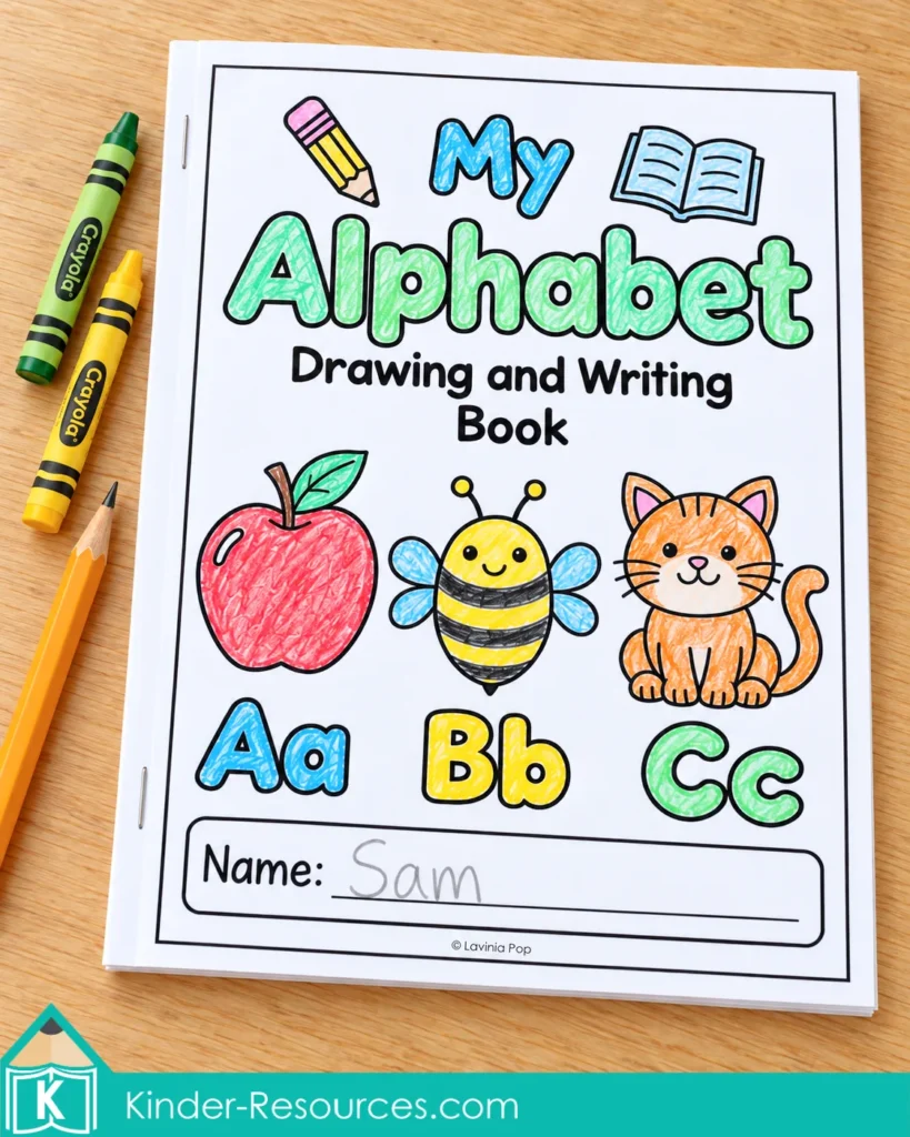Alphabet directed drawing and writing student book for kindergarten and first grade, with a colored apple, bee, and cat cover and matching Aa, Bb, and Cc letters.