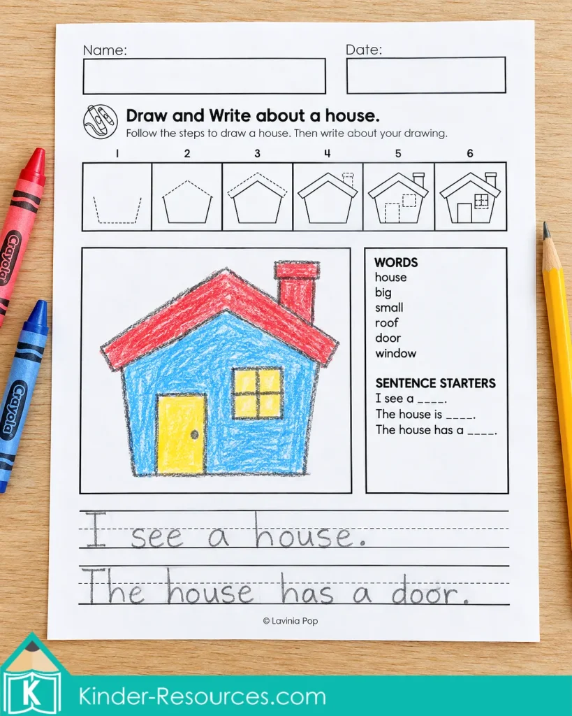 Alphabet directed drawing and writing worksheet for kindergarten and first grade, showing a blue house with a red roof, a word bank, sentence starters, and two handwritten sentences.