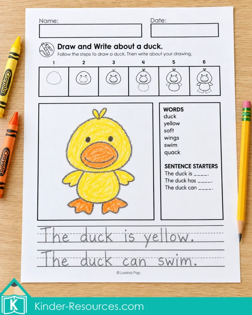 Alphabet directed drawing and writing worksheet for kindergarten and first grade, with a yellow duck, writing prompts, and handwritten sentences about its color and ability to swim.