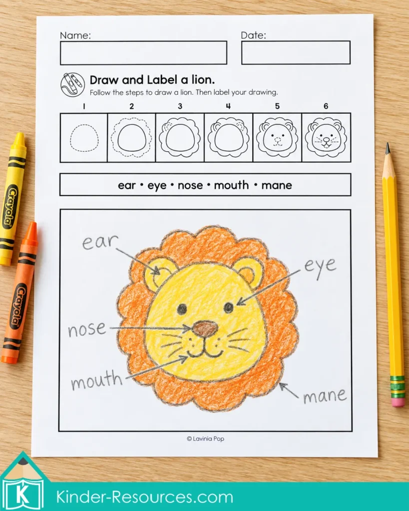 Alphabet directed drawing and writing worksheet for kindergarten and first grade, featuring a yellow lion face with an orange mane and ear, eye, nose, mouth, and mane labels.