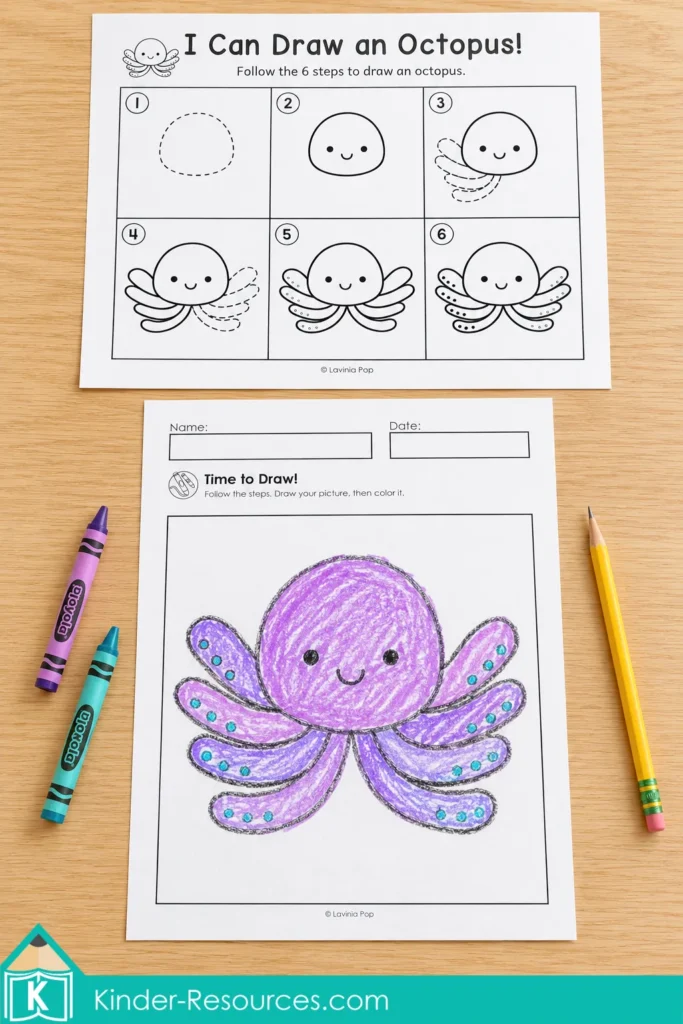 Alphabet directed drawing and writing activity for kindergarten and first grade, with a six-step octopus guide above a purple crayon drawing on a separate worksheet.