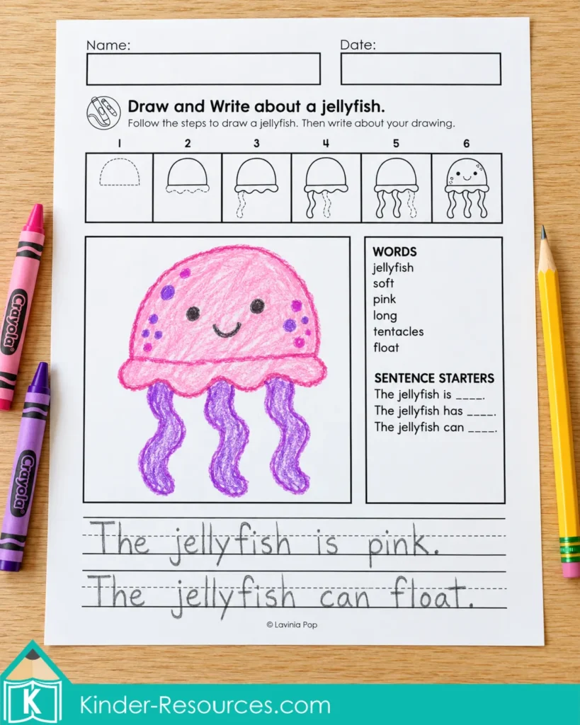 Alphabet directed drawing and writing worksheet for kindergarten and first grade, with a pink jellyfish, word bank, sentence starters, and handwritten sentences about its color and movement.