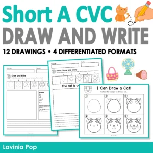 Short A CVC Directed Drawing and Writing cover for kindergarten and first grade, featuring fan, rat, and cat activity previews.