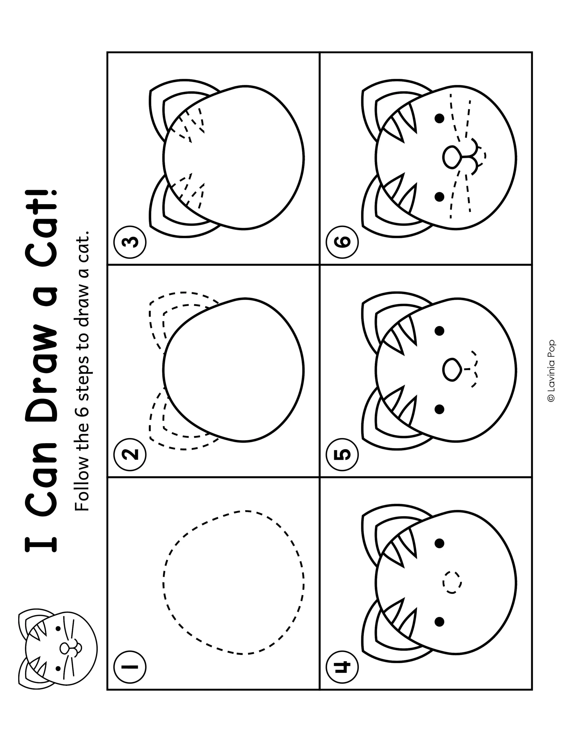 Cat directed drawing guide for kindergarten and first grade, with six illustrated steps for drawing a cat’s head.