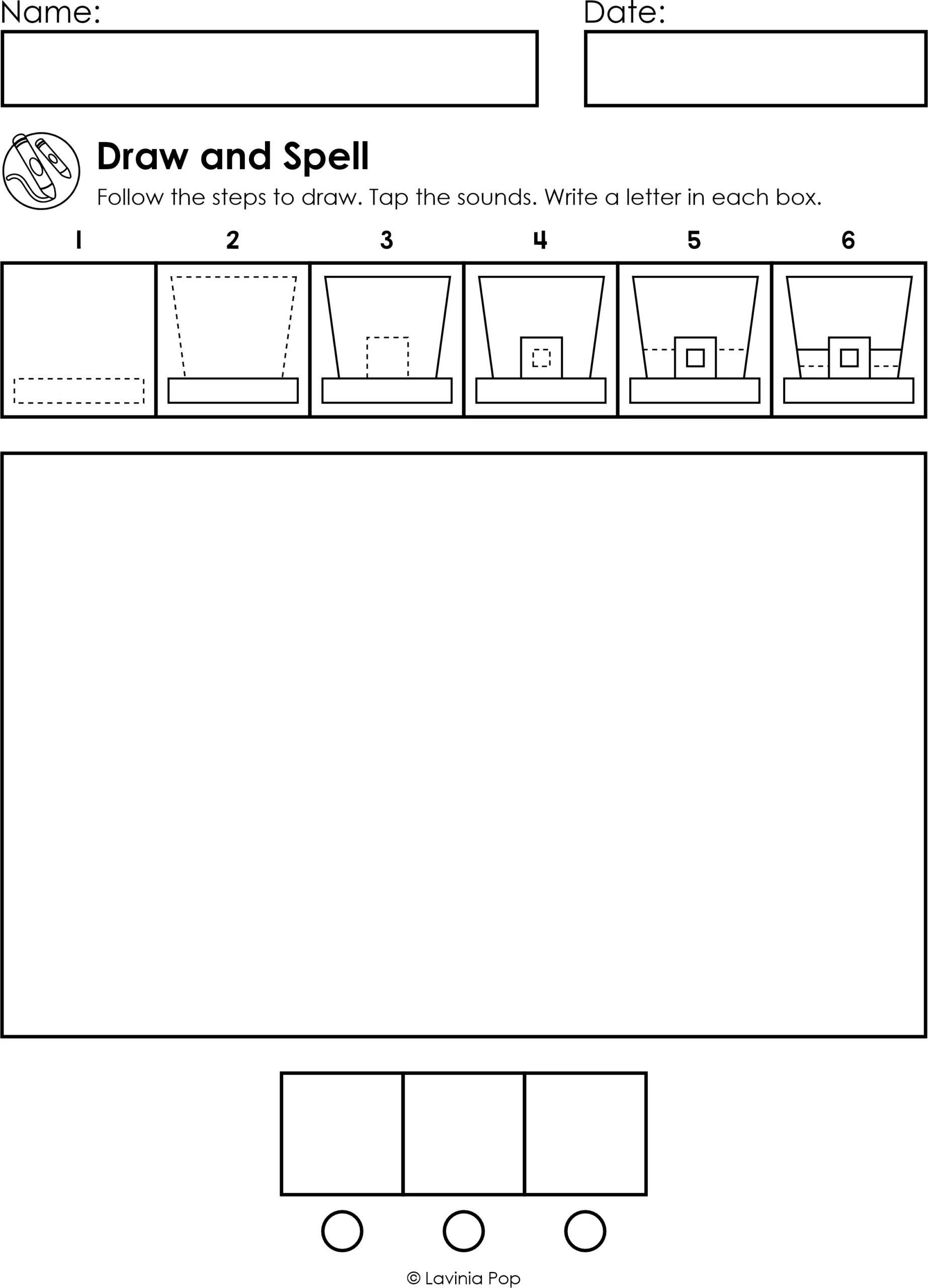 Short a CVC hat worksheet for kindergarten and first grade, with drawing steps, three letter boxes, and sound-tapping circles.
